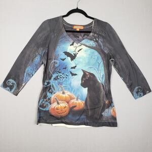 Holiday Traditions Size M Halloween‎ AOP Top Black Cat Pumpkin Bats Spooky Scary